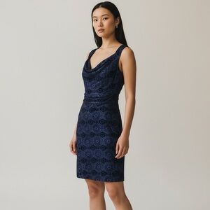 Nanette Lepore Paisley print Faux Wrap Navy Blue Dress, Size 12 Workwear NWT